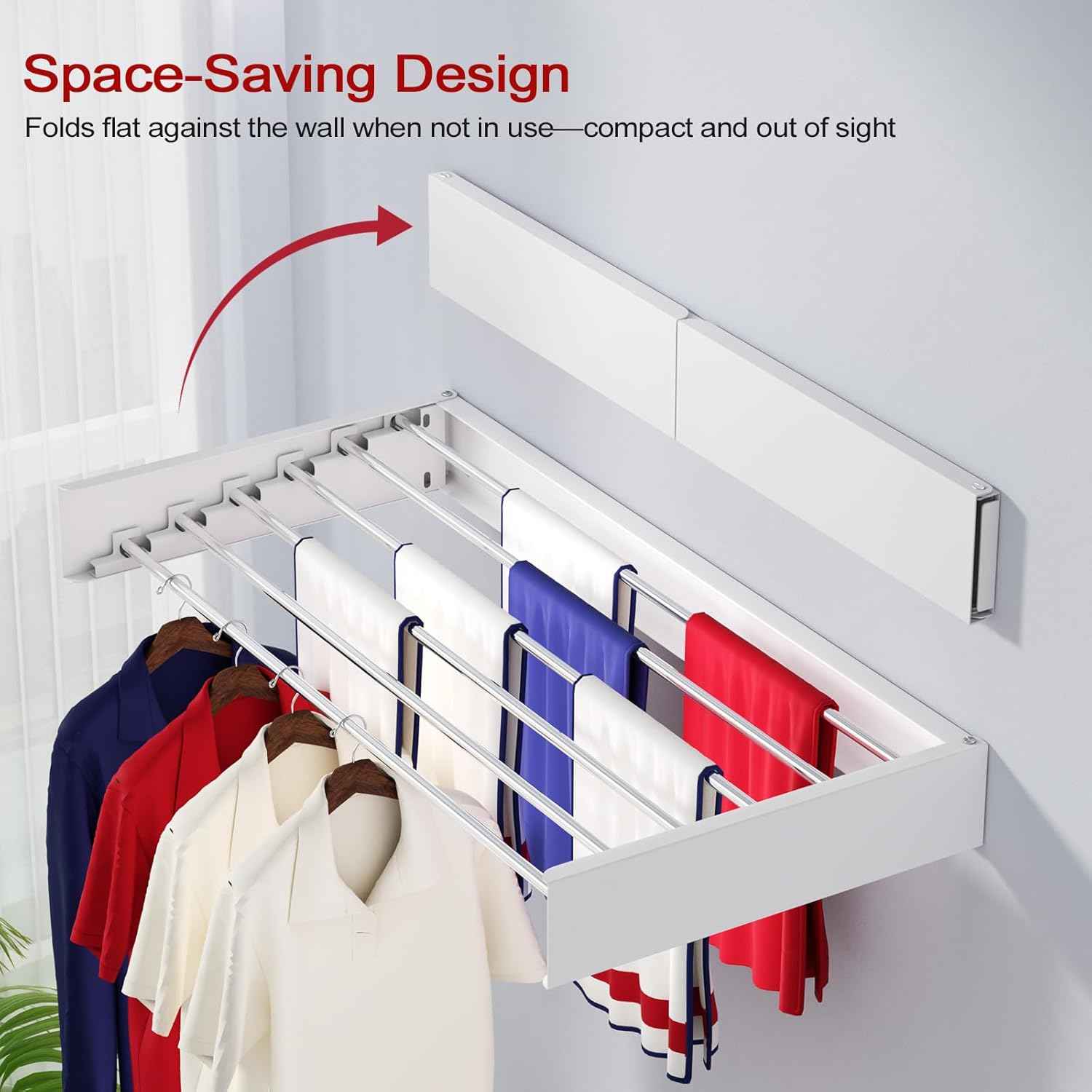 Wall Mounted Drying Rack 40", Foldable Laundry Drying Rack with Stainless Steel Rods, Retractable Laundry Space Saver for Indoor & Outdoor Use, Include Wall Template