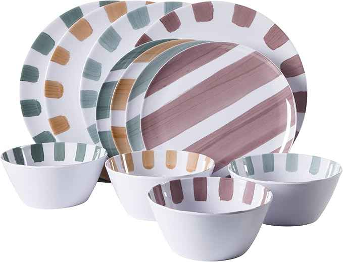 Gibson Home Cottage Stripes 12-Piece Melamine Plates and Bowls Dinnerware Set - Outdoor, Camping, & Everyday Use - Assorted Colors