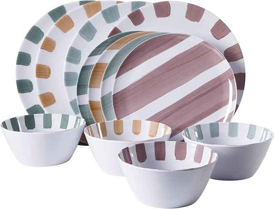 Gibson Home Cottage Stripes 12-Piece Melamine Plates and Bowls Dinnerware Set - Outdoor, Camping, & Everyday Use - Assorted Colors