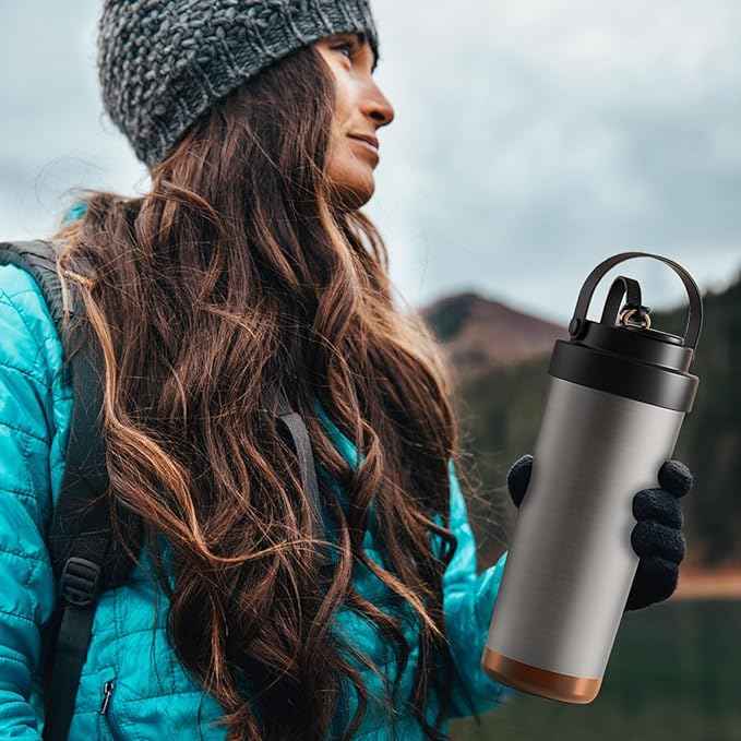 26oz Ceramic Coated Water Bottle, 3-Way Drinking (Straw/Sip/Wide Mouth), 6H Hot & Cold Insulated Water Bottle Leakproof Travel Cup with Handle - Silver