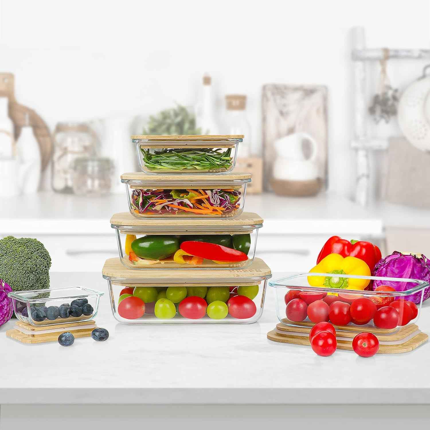 Urban Green Glass Containers with Bamboo Lids, Meal Prep Glass Food storage Container Set, 5 Pack, Pantry & Kitchen Organizer, Microwave, Oven, Freezer Safe