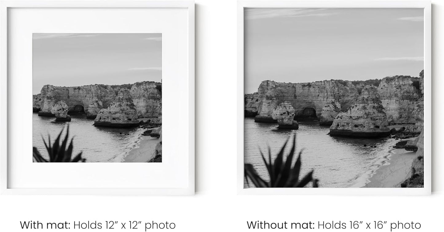 HAUS AND HUES 16x16 White Metal Picture Frames Matted to 12x12 - Features Premium Aluminum & Hanging Hardware, Shatterproof Plexiglass - Ideal for Home, Room, Office (16x16 in, White, Set of 4)