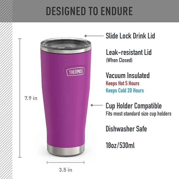 THERMOS ICON SERIES, Stainless Steel Tumbler with Slide Lock, 18 Ounce, Plum