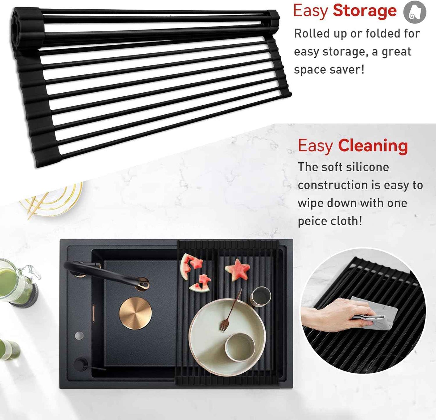 MERRYBOX 20.5" x 13" Roll Up Dish Drying Rack Silicone Wrapped Over The Sink Dish Drying Rack Multipurpose Foldable Sink Drying Mat, Heat-Resistant & Anti-Rust Dish Rack for Kitchen Sink, Large, Black
