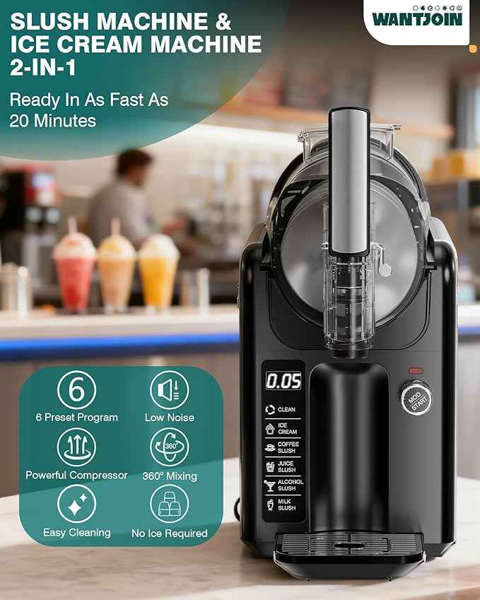 WantJoin 2-in-1 Slushie Machine – 72 oz Black Frozen Drink Machines with 6 Preset Modes, No Ice Needed, Quiet and Simple Knob Operation, Frozen Drink Maker for Ice Cream, Margarita & Slushy