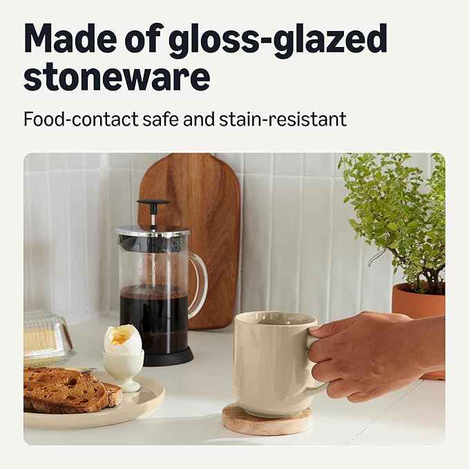 Amazon Basics Stoneware Coffee Mugs, 16 oz, 4-Piece Set, Gloss-Glazed, Stain-Resistant, Microwave, Freezer and Dishwasher-Safe, Linen Gray