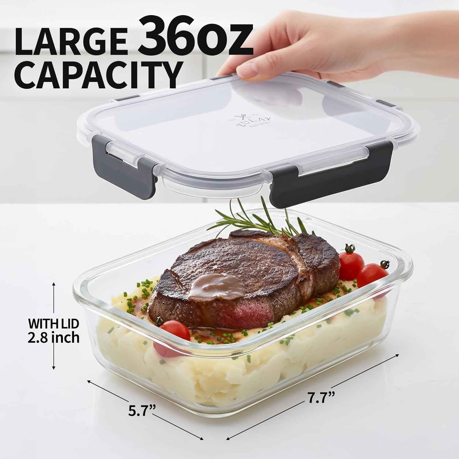 Zulay Kitchen 5 Piece Large 36oz Glass Tupperware Container Set with Lids - Premium BPA Free Borosilicate Glass Food Storage Containers - Leak-Proof Meal Prep - Microwave, Freezer & Oven Safe - Gray