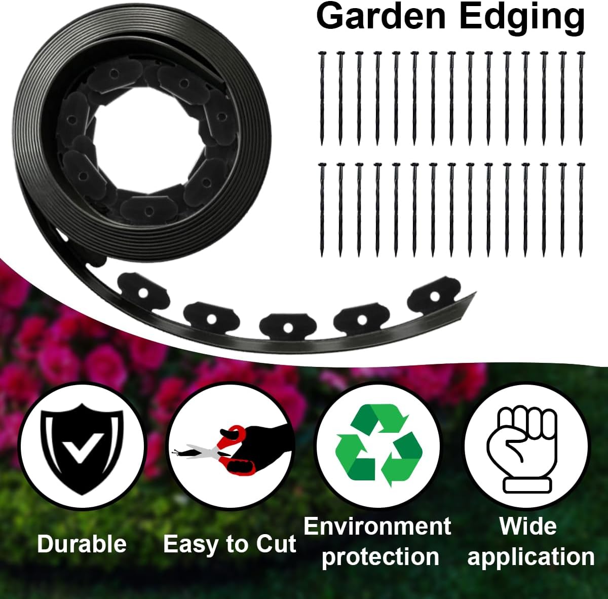 Landscape Edging, 33ft x 4inch Tall Plastic Garden Edging Border with 30 Spikes, Lawn Edging for Landscaping Flower Bed, Yard, Patio-Black