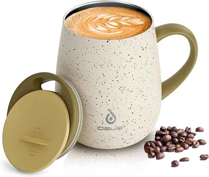 Ideus 16 oz Insulated Coffee Mug with Handle and Lid, Double Wall Stainless Steel Vacuum Thermal Coffee Mug, Travel Coffee Cup Thermal Cup for Home and Office, Eggshell Yellow