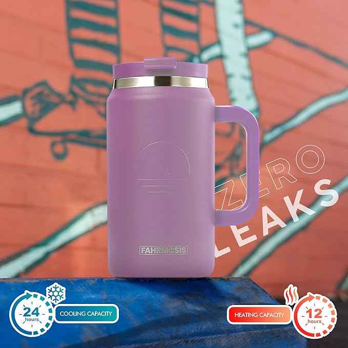 FAHRMOSIS 50 Oz Tumbler with Handle and Straw Large Insulated Tumbler Stainless Steel Travel Mug for Hot & Cold Drinks, Reusable Water Bottle with Lids and Straw - Lavender
