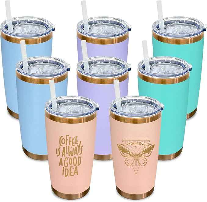 20 oz Tumbler Bulk 8 Pack Stainless Steel Tumblers with Lids and Straws, Double Wall Vacuum Insulated Travel Coffee Mug for Laser Engrave, Powder Coated Cups for Hot and Cold Drinks (Mixed C,8 pack)