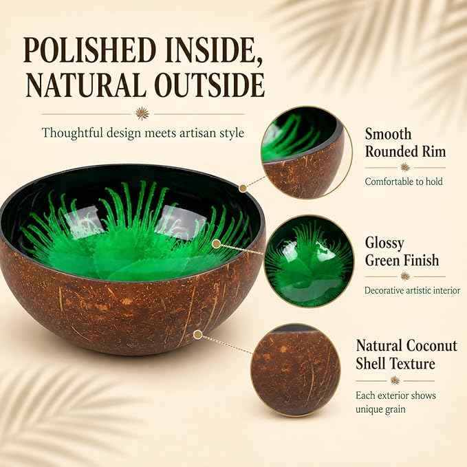 ChezMax Natural Coconut Bowl With Mother of Pearl Inlaid Shell for Entryway Table - Key, Candy, Nuts, Fruits & Dry Snack Storage Container - Round Handcrafted Decoration