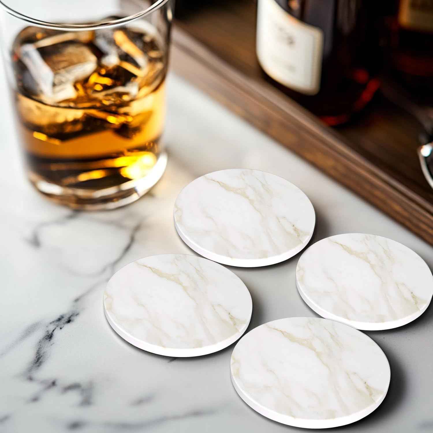 White Marble Style Ceramic Coasters Set of 6 with Holder Modern Coffee Table Decor Drink Coaster Gifts Absorbent Stone Coasters for Rustic Farmhouse Bar