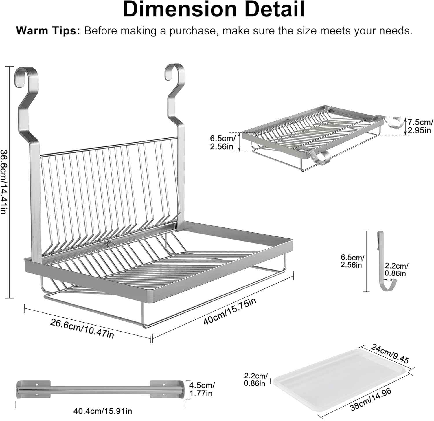 TQVAI Over Sink Dish Drainer Drying Rack, Stainless Steel Foldable Wall Mounted Dish Racks with Drainboard Hanging Rod and Sponge Holder, Silver