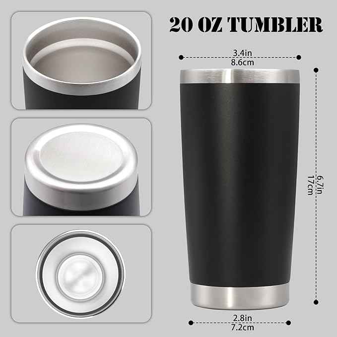 20 oz Tumbler with lid Double Wall Vacuum Insulated Tumblers Stainless Steel Coffee Mug Travel Coffee Tumbler Powder Coated Tumbler Cup Keep Hot&Cold - (Black 6 Pack)