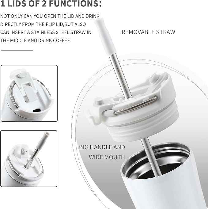 BOTTLE BOTTLE Coffee Tumbler with Dual-use Lid and Straw Double Walled Iced Travel Coffee Mug for Woman and Man 12 oz Stainless Steel Insulated Tumbler with Handle (white)