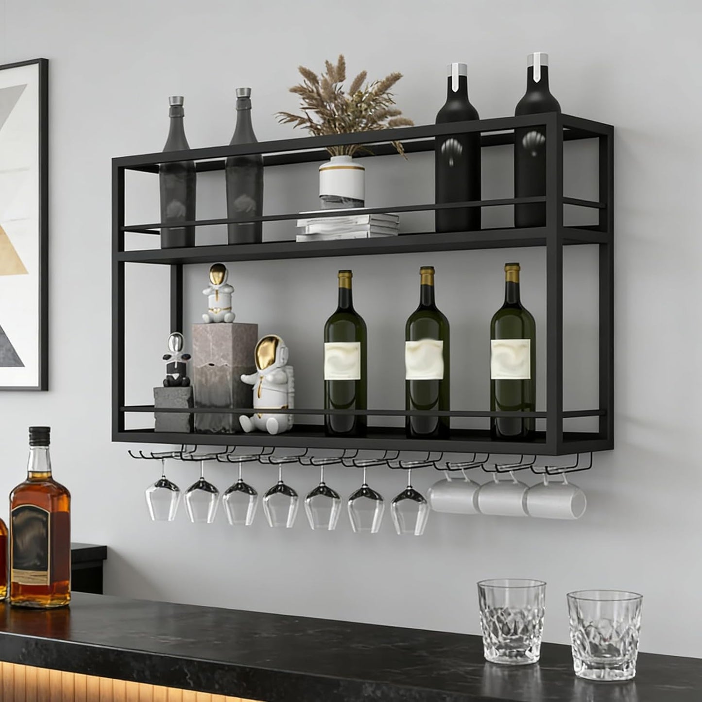 Industrial Wall Mounted Wine Rack, 2-Tier Wood Wine Bottle Shelf with Stemware Rack, Black Wine Glass Rack Multi Functional Wine Storage Display Rack for Home Bar Dining Room Kitchen (31.4×7.8×26in)