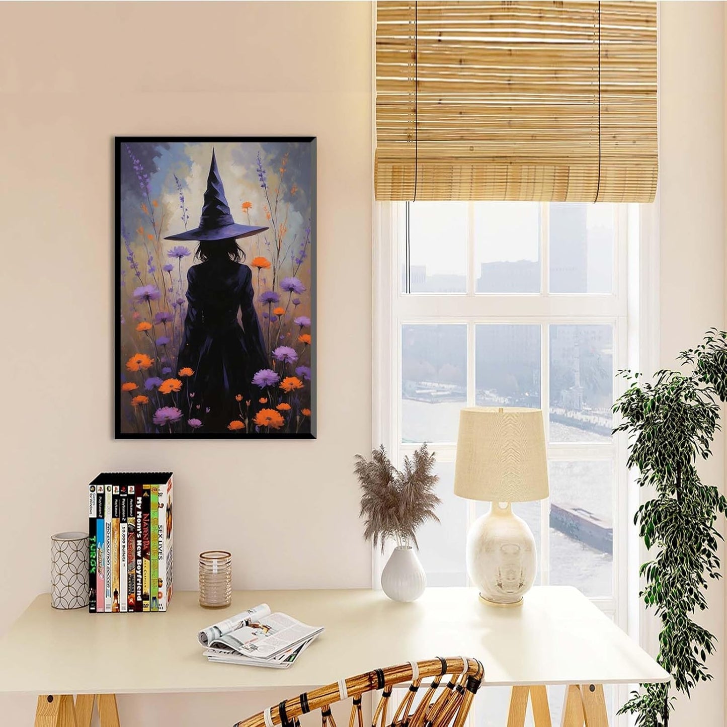 JFHCQJPK Country wildflower witch canvas print halloween mashup art witch purple decoration bohemian elegant art poster24x36in Metal blackFramed