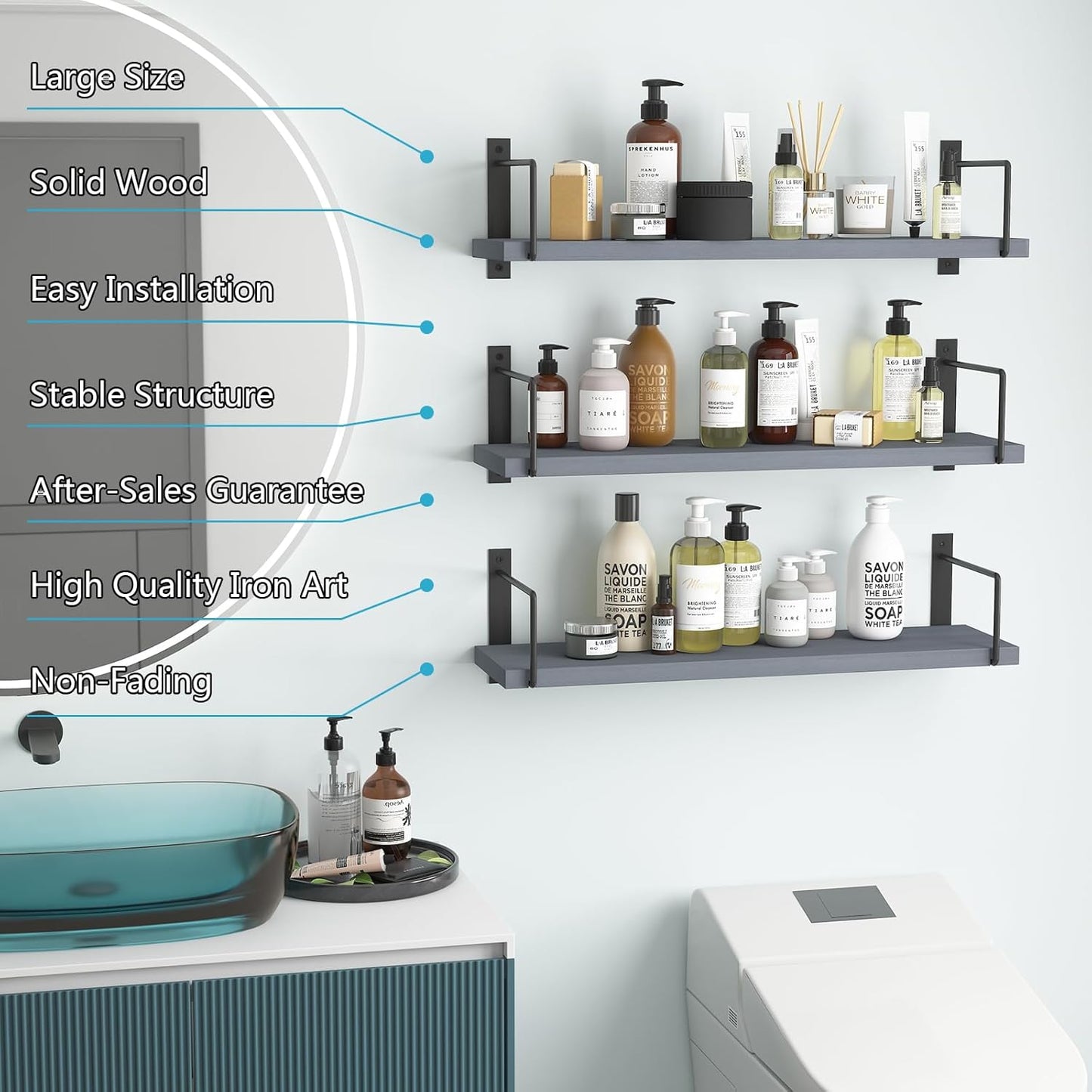 Floating Shelves - 24 Inch Wall Mounted Set of 3, Rustic Wood Storage Shelves for Living Room (Grey)