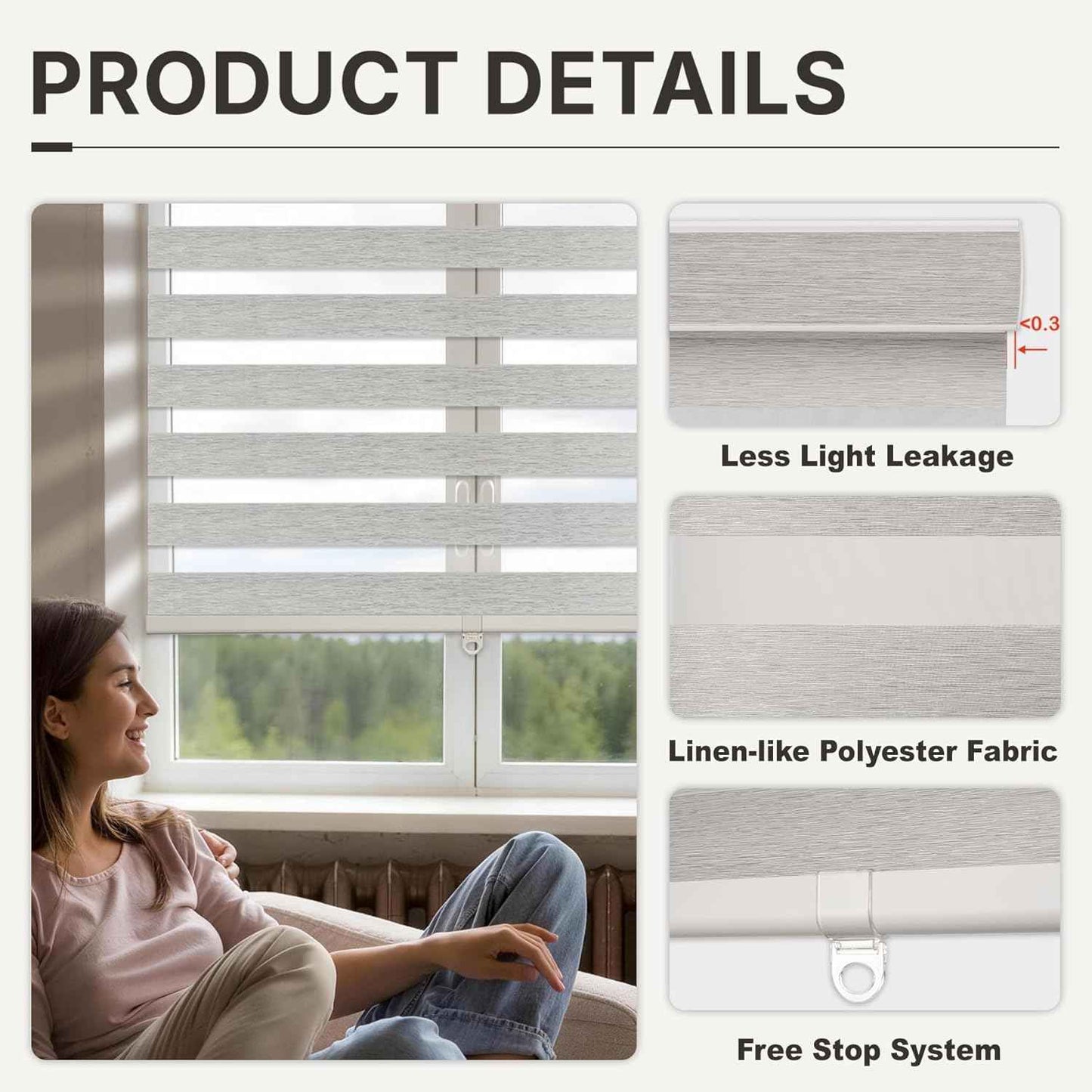 HESTIA Cordless Light Filtering Zebra Shades for Windows, Day Night Dual-Layer Linen-Look Woven Fabric Roller Shades, Privacy Light Control for Living Room/Home Office, Light Grey, 44" W x 72" H