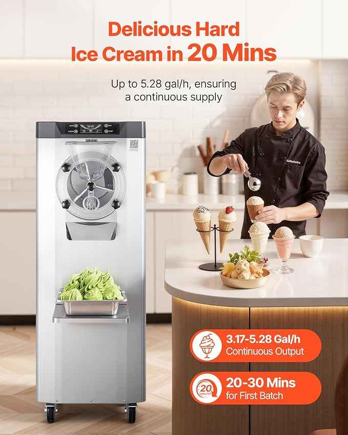 VEVOR Commercial Hard Ice Cream Machine, 2400W 3.17 to 5.28 Gallons per Hour, Gelato Hard Serve Ice Cream Maker with 10L 304 Stainless Steel Cylinder, Auto Clean LED Panel for Snack Bar Restaurants