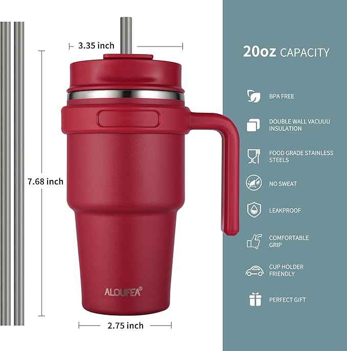 20 oz Insulated Coffee Mug Tumbler with Handle, Stainless Steel Travel Mug Tumbler with Lid and Straw,Double Wall Vacuum Leak Proof Ice Coffee Thermal Cup, Red