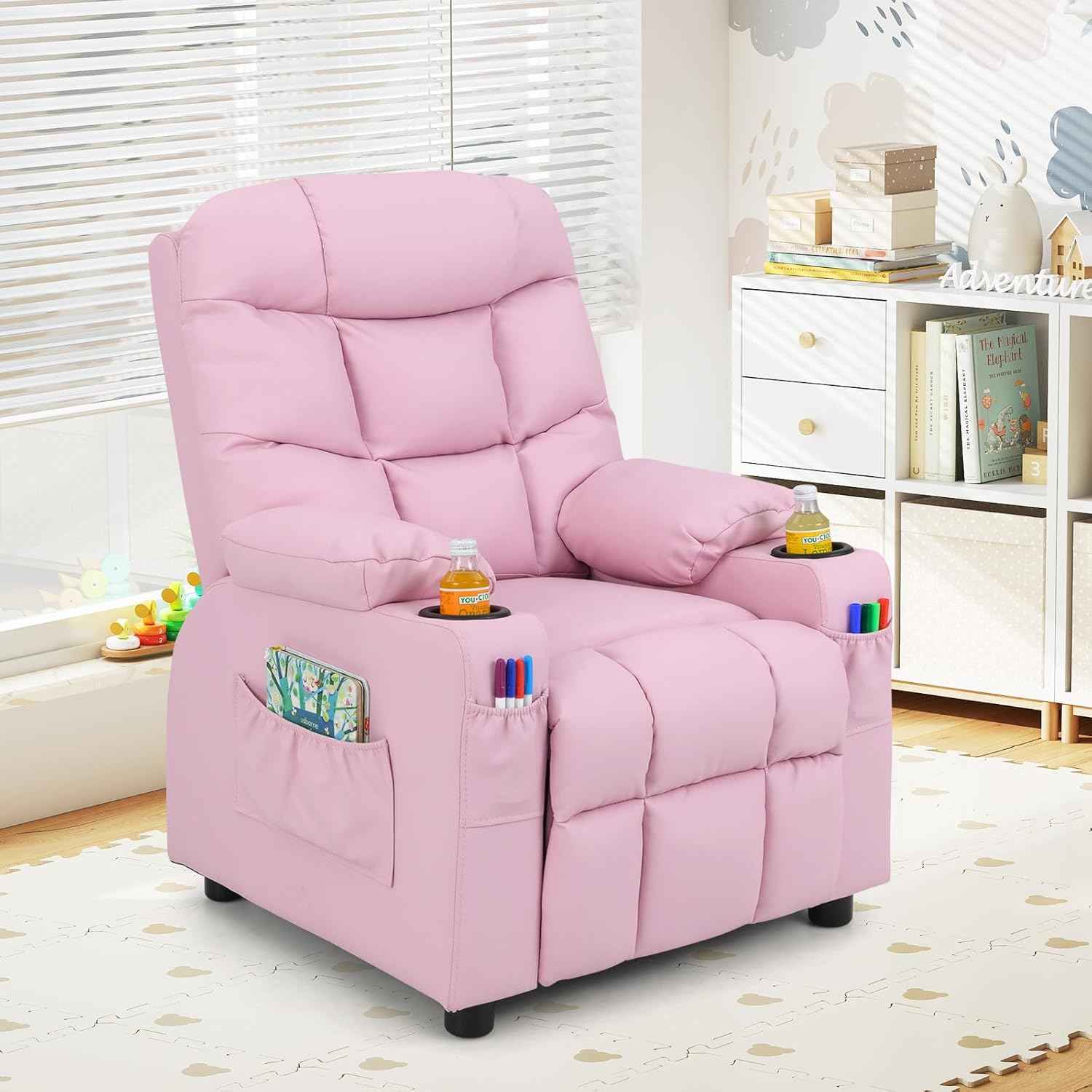 Costzon Kids Recliner Chair with Cup Holder, Adjustable Lounge Chair w/Footrest & Side Pockets for Children Boys Girls Room, Ergonomic Toddler Furniture Sofa, Kids Pink Recliner (Pink)