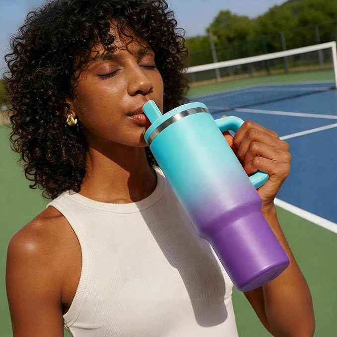 BENZZO 40 oz Tumblers with Handle - Spill Proof Flip Straw Travel Cups 40oz Water Bottle With Handle