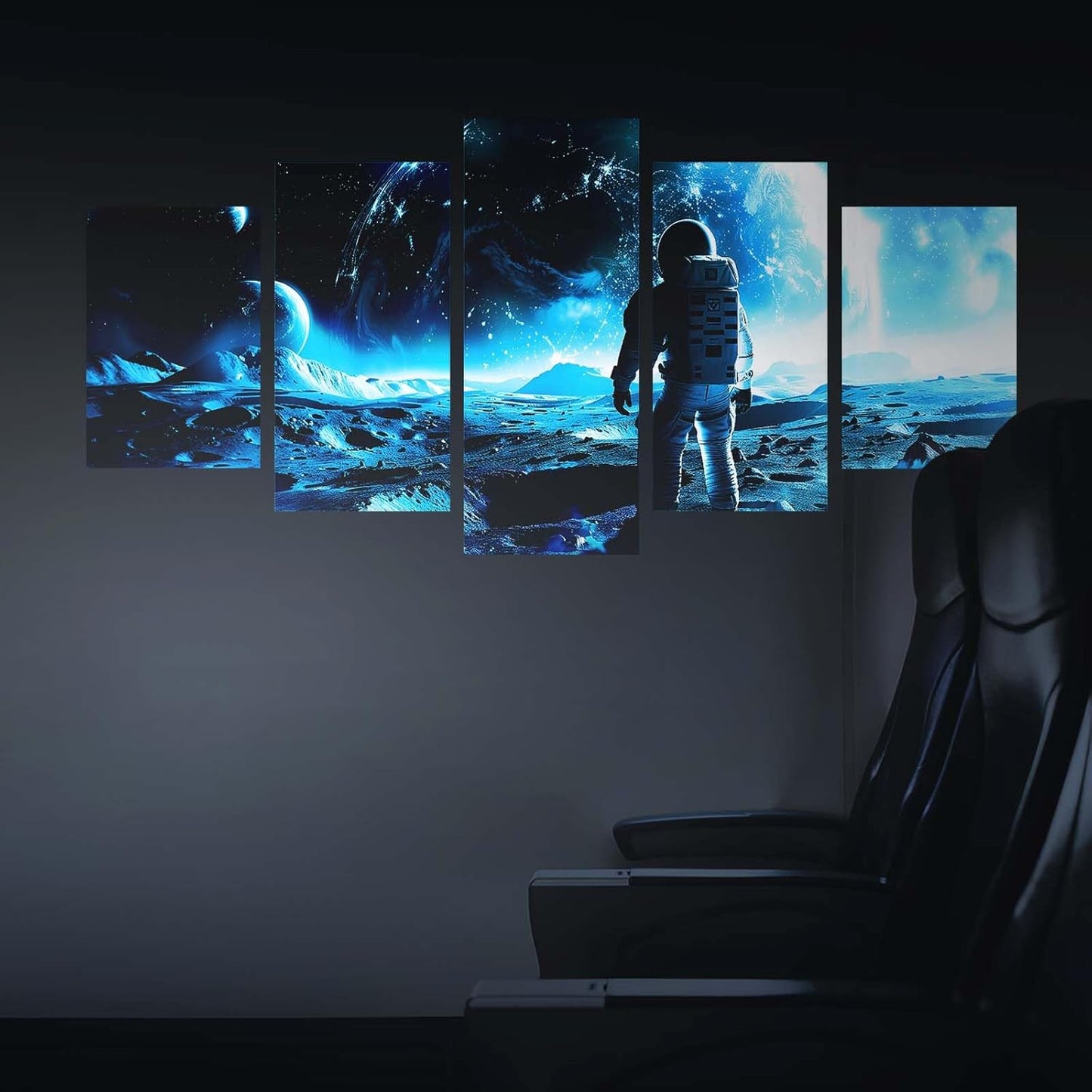 SNAIL GARDEN 5 Pcs 3D Luminous Universe Astronaut Wall Stickers,Glow in The Dark Wall Decals,Self-Adhesion Space Themed Wall Decor,Solar System Decal for Room,Space Room(Blue Light)