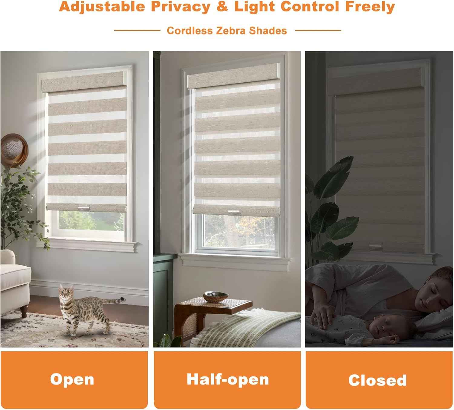 Persilux Linen Cordless Zebra Blinds for Windows, Privacy Light Filtering Dual Layer Blinds for Day and Night, Roller Shades for Bedroom,Living Room,Office (Custom Size,Light Beige)