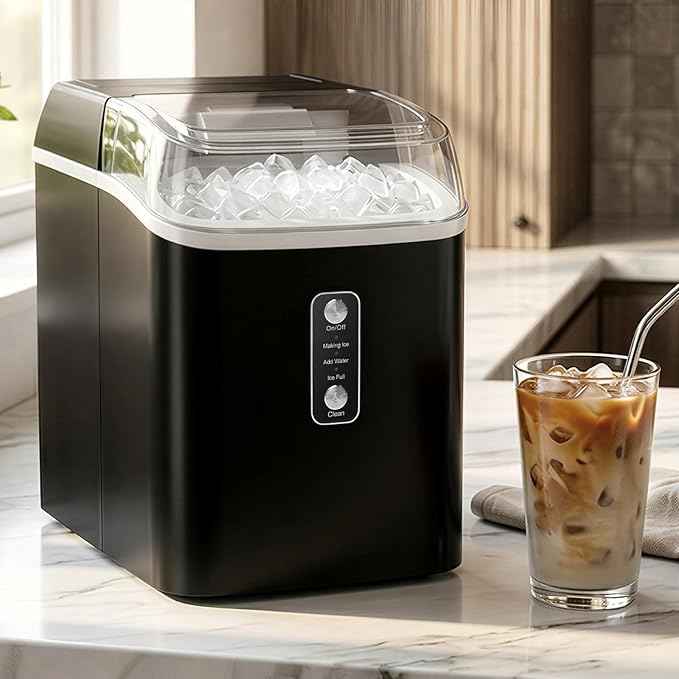 Nugget Ice Maker Countertop, 6-Min Fast Chewable Pellet Ice, 24lbs/24H Portable Ice Machine with Self-Cleaning, Ice Full & Low Water Indicator, Basket & Scoop for Home, Party, RV, Camping (Black)