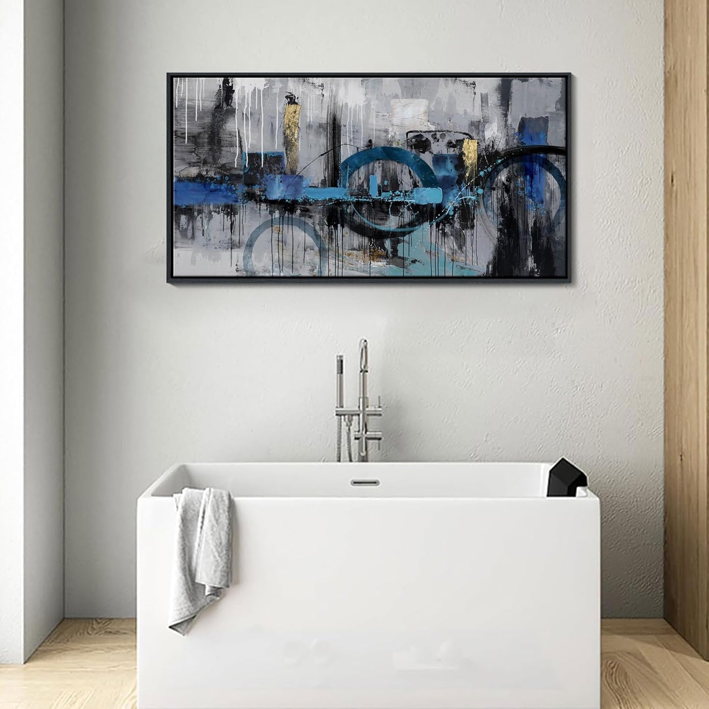 KLAKLA Blue and Gray Abstract Canvas Wall Art - Lnk Style Gold City Scenes Wall Decor Living Room Bedroom Decoration Black Frame Picture Artwork for Wall Modern Landscape Wall Decor
