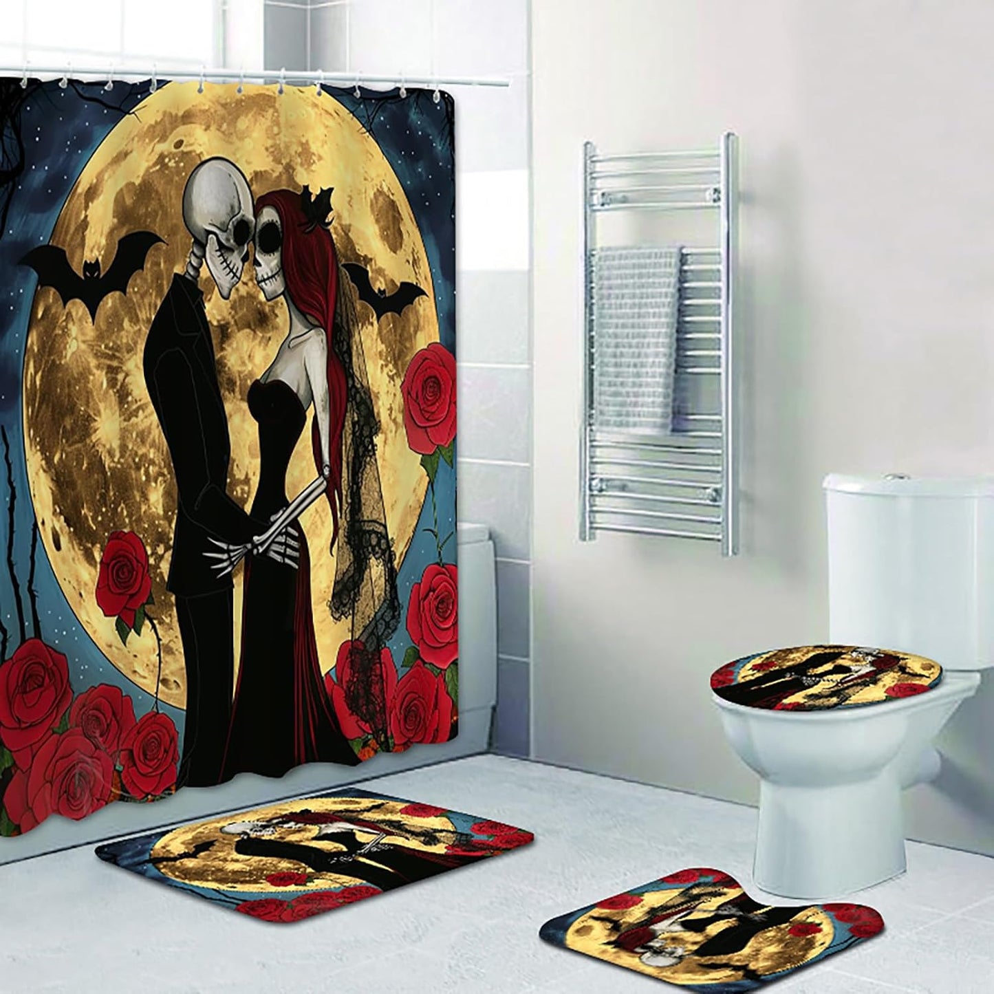 NEWSUYAA Halloween Decorations Shower Curtain Set with Non-Slip Rugs and Bath Mats,Black Skull Skeleton Bathtub Curtains with 12 Hooks,All Saints'Day (Nov 1st) Bathroom Decor