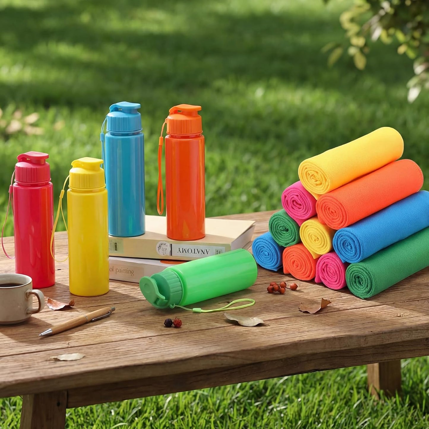 Reallnaive 24 Pcs 17 oz Plastic Water Bottles Bulk and Cooling Towel Set Reusable Gym Sport Colorful Water Bottles 40"x12" Breathable Ice Cooling Towels for Team Sport Travel Summer Gift