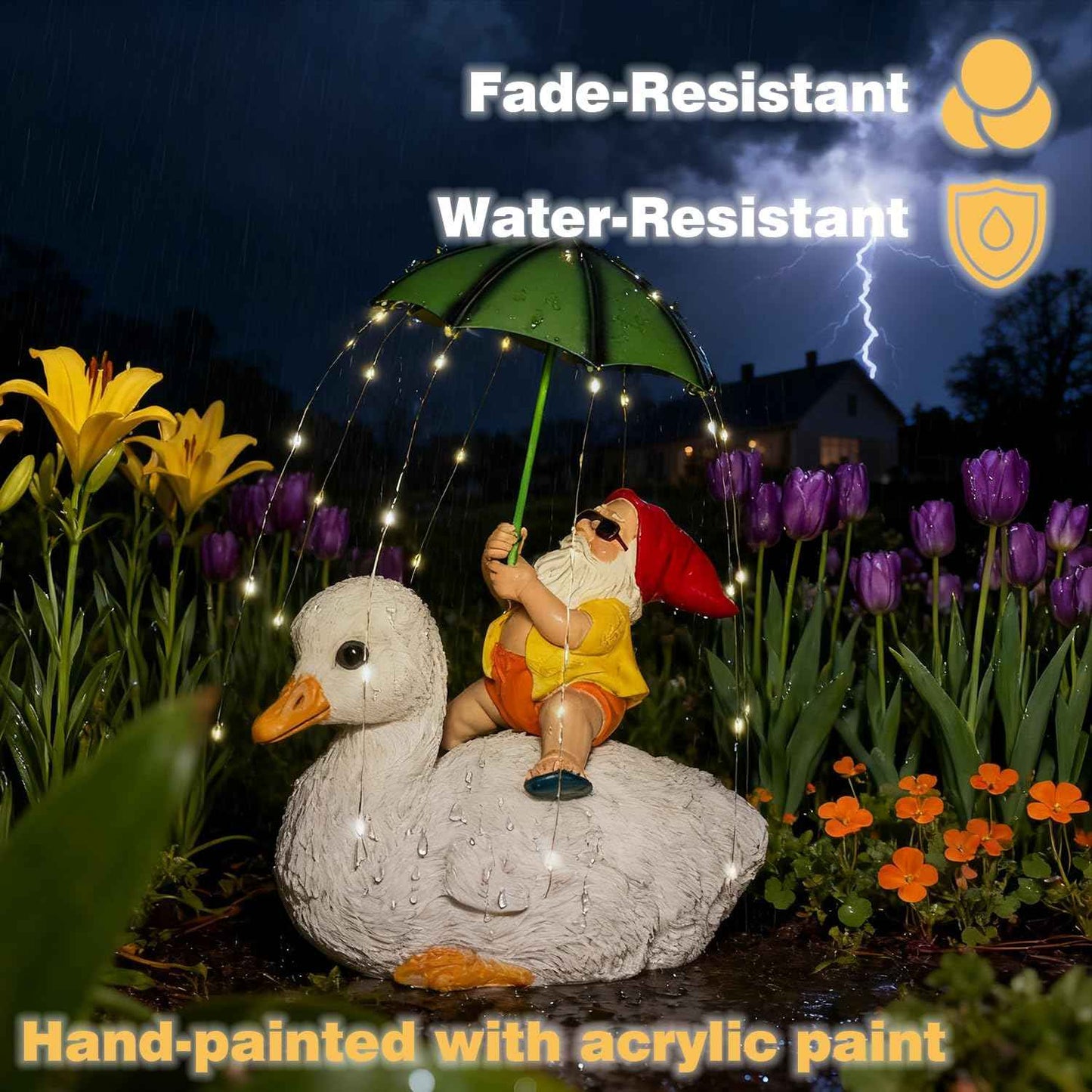 Solar Funny Garden Gnome Duck Figurine LED Lights Decorations for Yard Sculpture Outdoor Statue