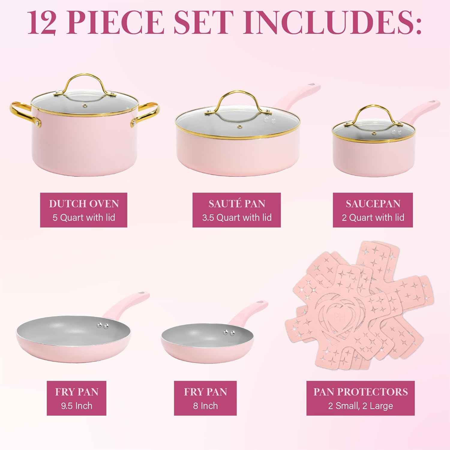 Paris Hilton Epic Nonstick Pots and Pans Set, Multi-layer Nonstick Coating, Tempered Glass Lids, Soft Touch, Stay Cool Handles, Made without PFOA, Dishwasher Safe Cookware Set, 12-Piece, Pink