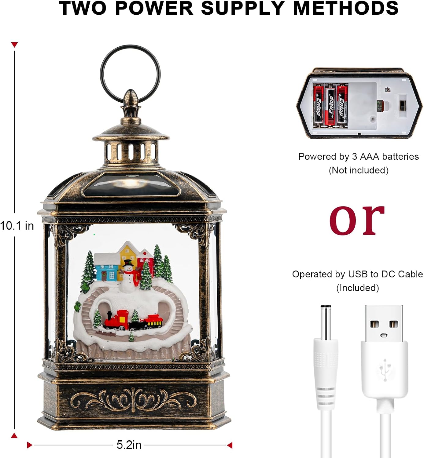 Christmas Snow Globe Lantern Water Glittering Snowman & Train with Music, USB Lined/Battery Operated Lighted Lantern for Christmas Festival Decoration Gifts