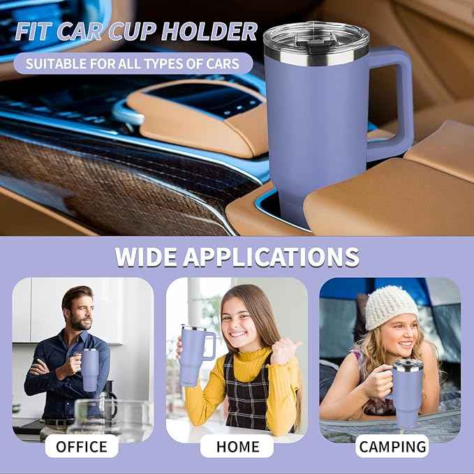 40 oz Tumbler with Handle, Insulated Tumbler with Lid and Straw, Reusable Stainless Steel Vacuum Insulated Cup, 100% Leak Proof Thermal Travel Coffee Mug Cup for Cold and Hot (Light Purple)