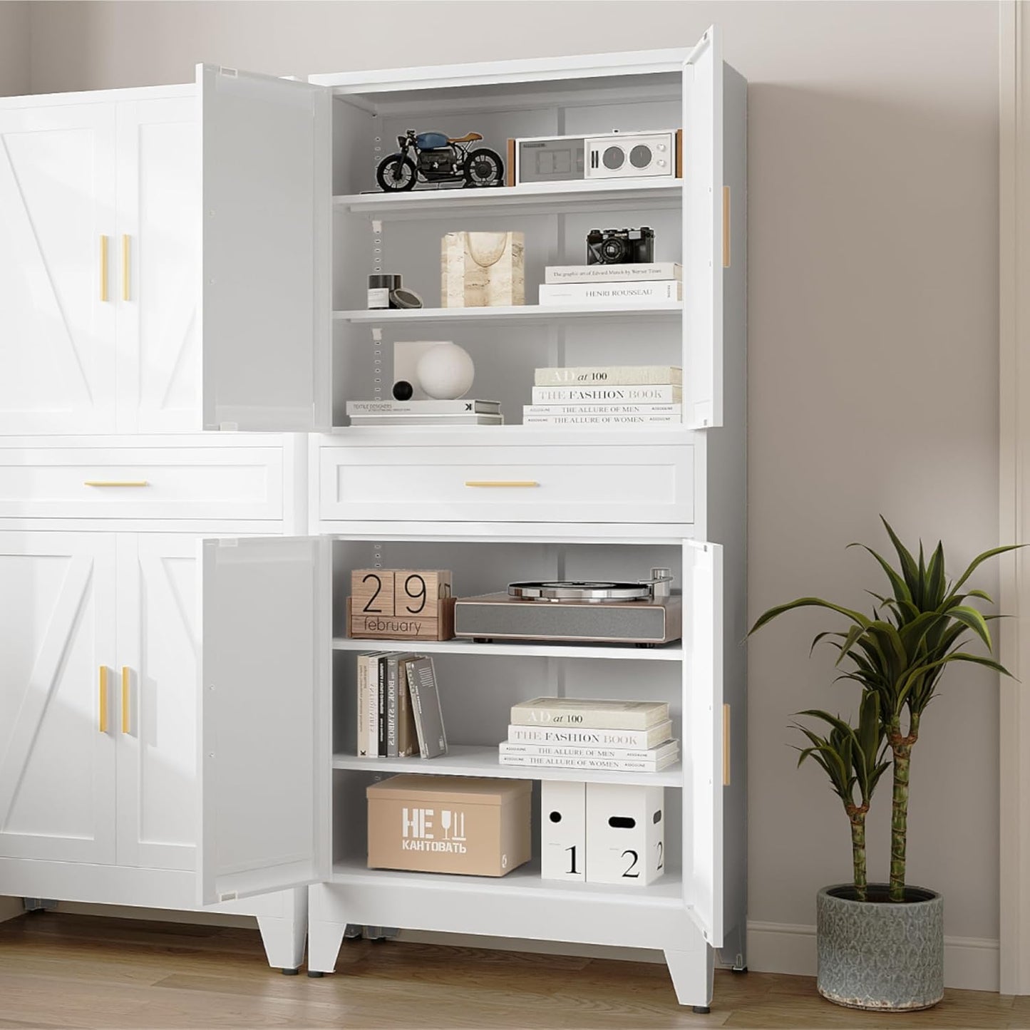 71 "Farmhouse Metal Filing Cabinet with a Drawer and 4 Adjustable Shelves, with 4 Large barn Door White Kitchen Cabinets, Metal Food Cabinets for Home, Kitchen, Dining/Living Room (White)