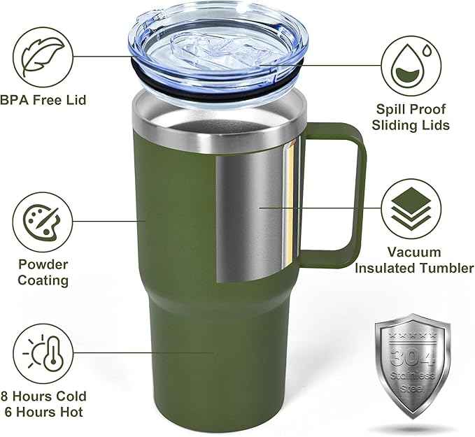 20 oz Tumbler with Handle, insulated cup coffee mug with lid, straw and handle, Double Wall Stainless Steel Vacuum Coffee Tumbler travel mug spill proof, 1pcs Army Green