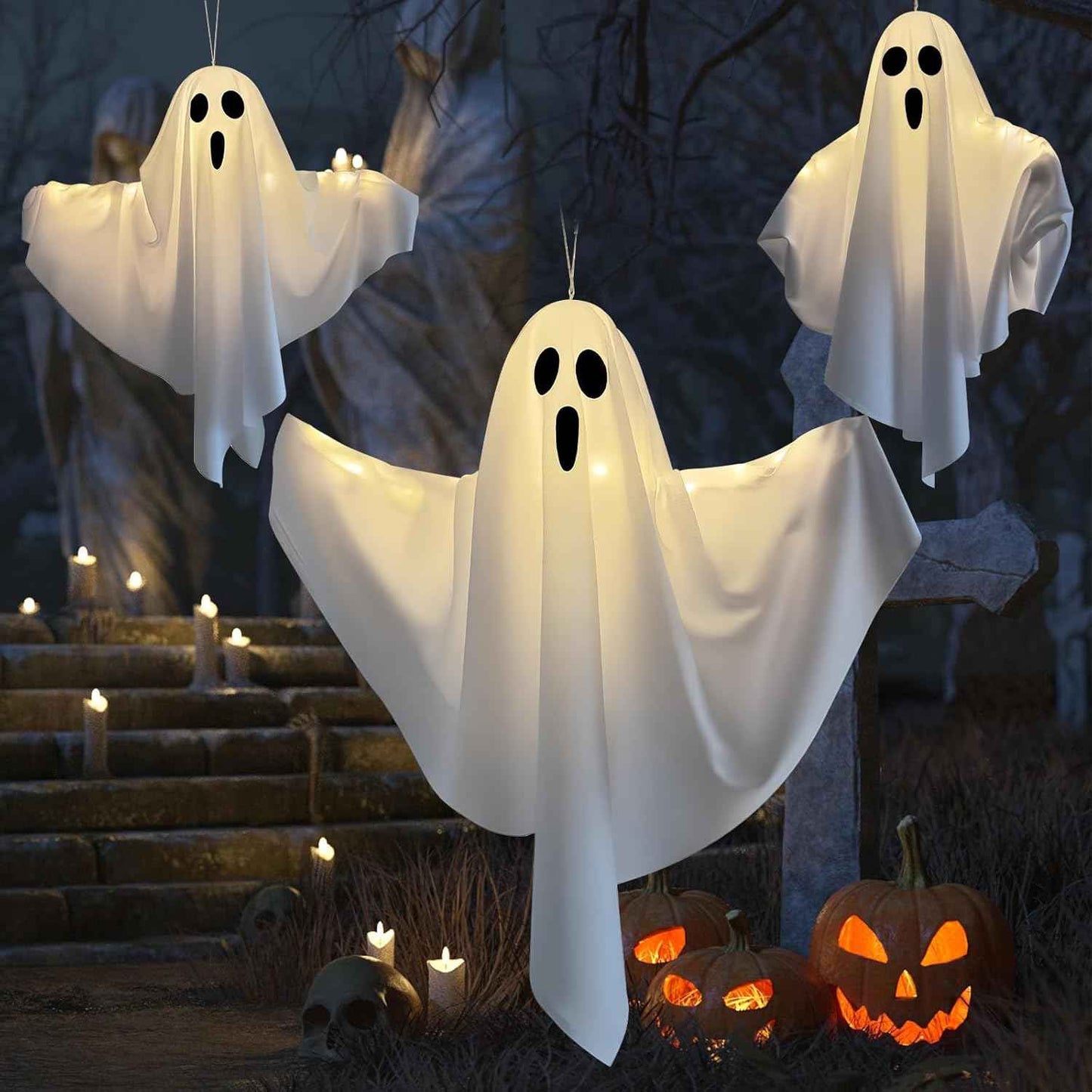 Halloween Light-up Ghost Decorations, White Hanging Flying Ghosts for Front Yard, Patio, Lawn, Garden, Party, 22.5 Inch, 3 Pack (White)