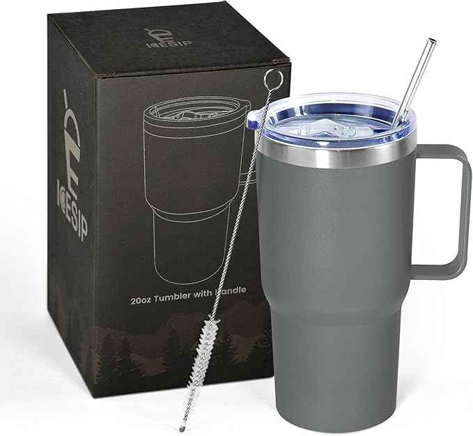 20 oz Tumbler with Handle, insulated cup coffee mug with lid, straw and handle, Double Wall Stainless Steel Vacuum Coffee Tumbler travel mug spill proof, 1pcs Grey