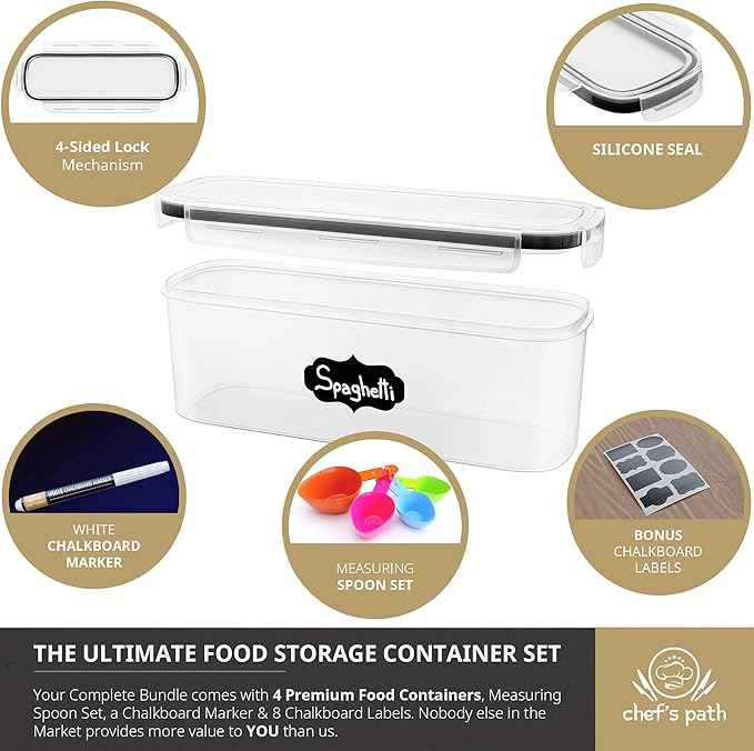 Chef's Path Airtight Food Storage Container Set (Set of 6) - Ideal for Pasta, Spaghetti & Noodles - Pasta Containers for Kitchen Organization and Storage - Plastic Canisters with Durable Lids
