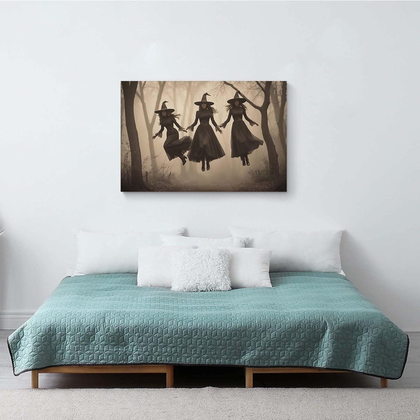 JFHCQJPK Three ghost witches flying in vintage forest gothic wall art witchcraft decoration holiday gift canvas wall art print32x48in Frameless