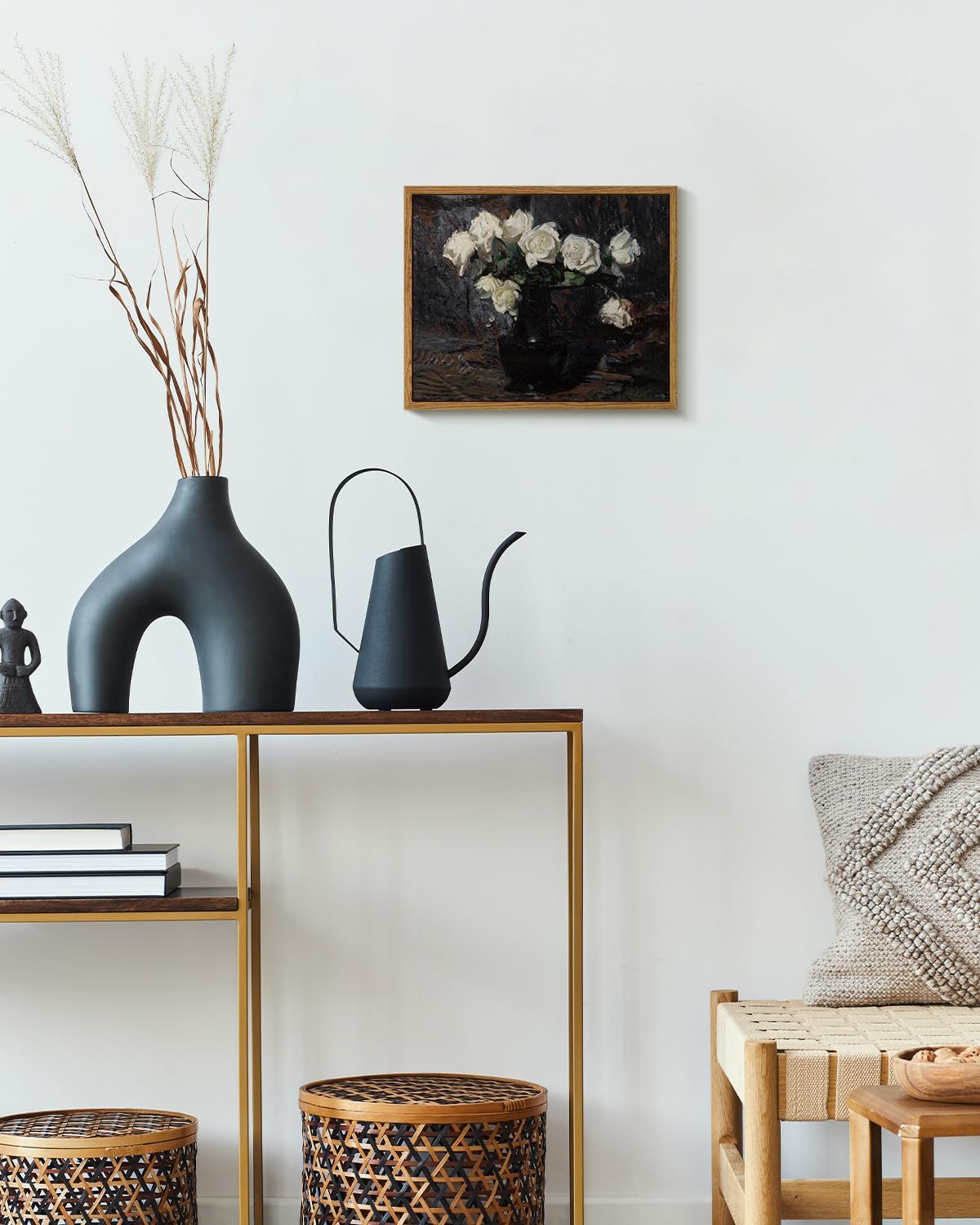 VIYYIEA Framed Canvas Wall Art Home Decor Vintage Botanical Prints White Roses in Vase Rustic Farmhouse Flower Wall Decor Mid Century Pictures Decor Art Prints Floral Room Decor for Living Room 9x11in