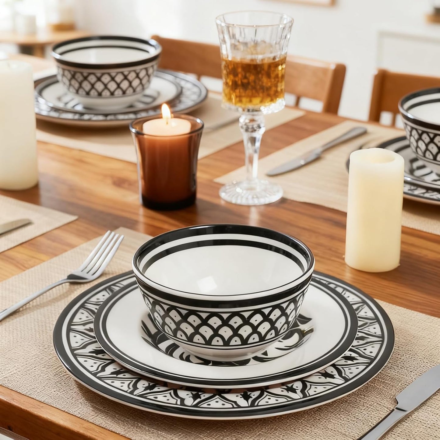 Melamine Dinnerware Sets-12pcs Melamine Plates and Bowls Set, Unbreakable, Dishwasher Safe, Indoor Outdoor Use, Ideals for Parties, Camping Dish Set, Black and White Pattern