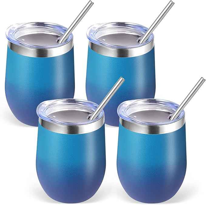 Volhoply 12oz Stainless Steel Wine Tumbler with Lid Bulk 4 Pack,Double Wall Vacuum Stemless Wine Glasses,Reusable Metal Travel Coffe Mug with Straw,Insulated Cup Gifts for Christmas（Dark Night,4 Set）