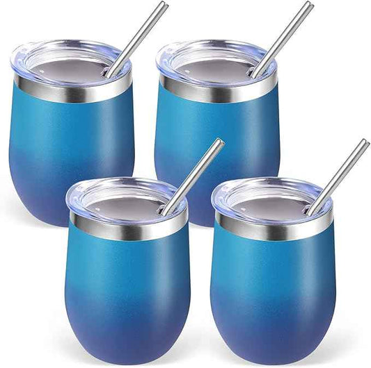 Volhoply 12oz Stainless Steel Wine Tumbler with Lid Bulk 4 Pack,Double Wall Vacuum Stemless Wine Glasses,Reusable Metal Travel Coffe Mug with Straw,Insulated Cup Gifts for Christmas（Dark Night,4 Set）