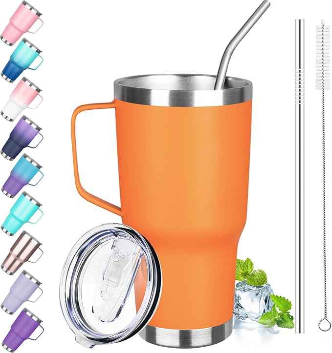 30 oz Tumbler with Handle, Stainless Steel Insulated Tumbler with Lid and Straw, Double Wall Vacuum Coffee Mug Tumbler, Insulated Coffee Thermal Cup for Cold and Hot (Orange)