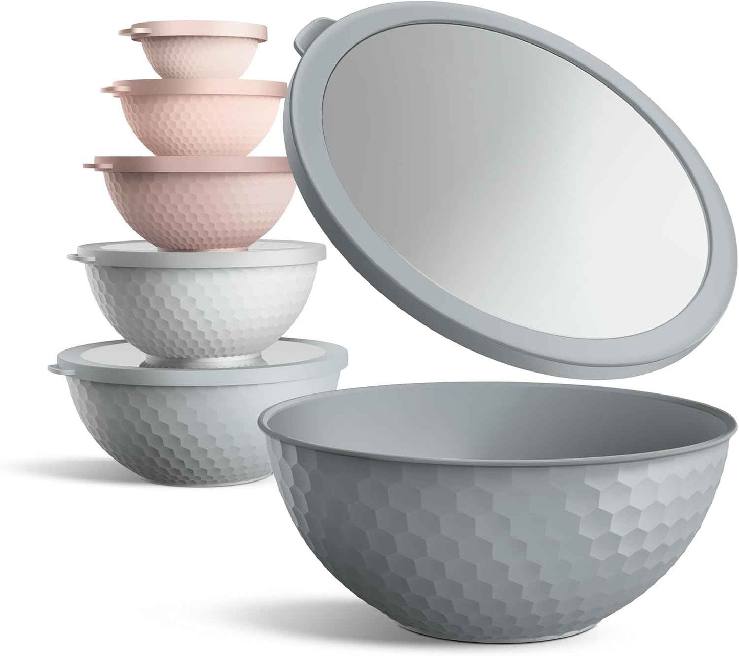 COOK WITH COLOR Mixing Bowls with Lids - 12 Piece Plastic Nesting Bowls Set includes 6 Prep Bowls and 6 Lids, Microwave Safe Mixing Bowl Set, Pink Embossed